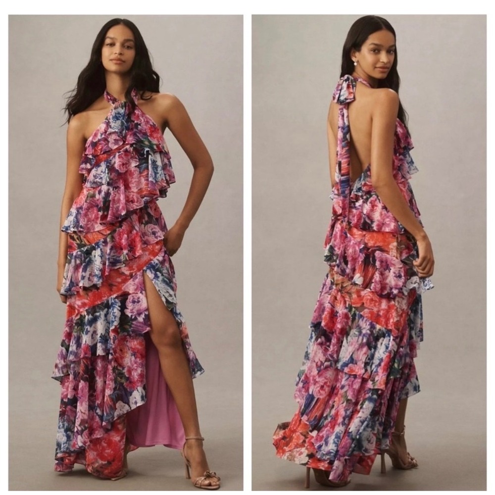 BHLDN Isabel Halter‎ Ruffle Chiffon Maxi Dress Size XS